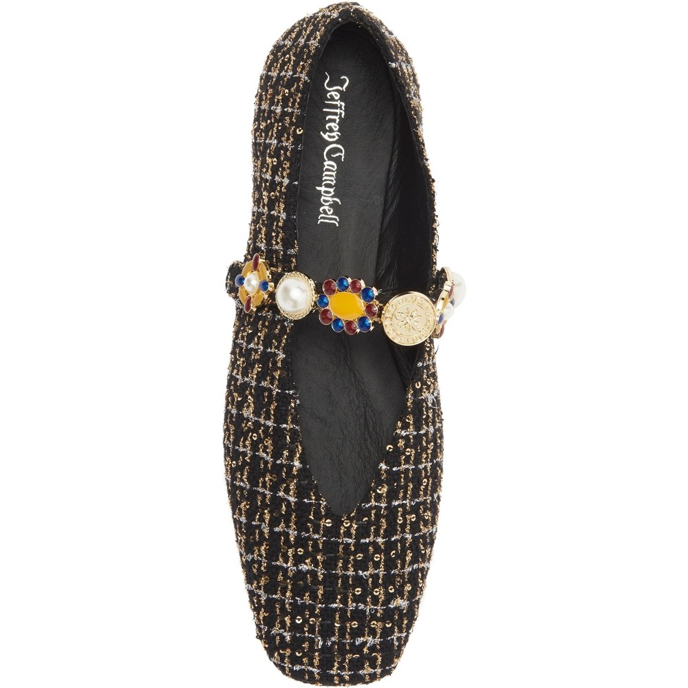 Jeffrey Campbell Black Gold Tweed Jewel Pearl Mary Jane Flats Square Toe 6.5